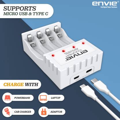 Envie Fast Charger ECR 20MC with Rechargeable Batteries | for AA & AAA Ni-Cd & Ni-mh Rechargeable Batteries with LED Indicator | Compatible with Power Banks | Car Charger | Laptop | Travel Adapter (ECR 20MC+2800+1100) Camera Battery Charger  (White)