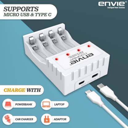 Envie Fast Charger ECR 20MC with Rechargeable Batteries | for AA & AAA Ni-Cd & Ni-mh Rechargeable Batteries with LED Indicator | Compatible with Power Banks | Car Charger | Laptop | Travel Adapter (ECR 20 MC+4xAA1000) Camera Battery Charger  (White)